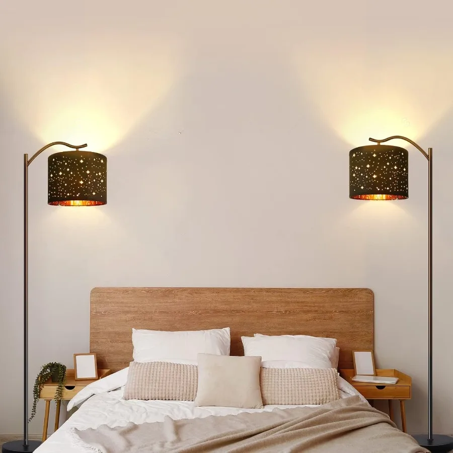 โคมไฟตั้งพื้นสไตล์โมเดิร์นพร้อมโป๊ะผ้าลินินสไตล์โบฮีเมียนสำหรับห้องนั่งเล่น ห้องนอน และสำนักงาน ขั้วหลอดไฟ E26 ควบคุมด้วยสวิตช์เท้า สีดำ ขนาดกลาง