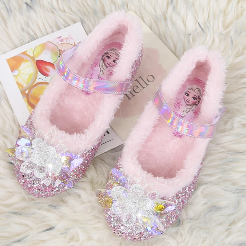 Pantoufles en peluche Disney Frozen pour enfants, chaussures en coton, rose, bleu, mignon, princesse Elsa, neige, maison, bébé, filles, hiver, taille 23