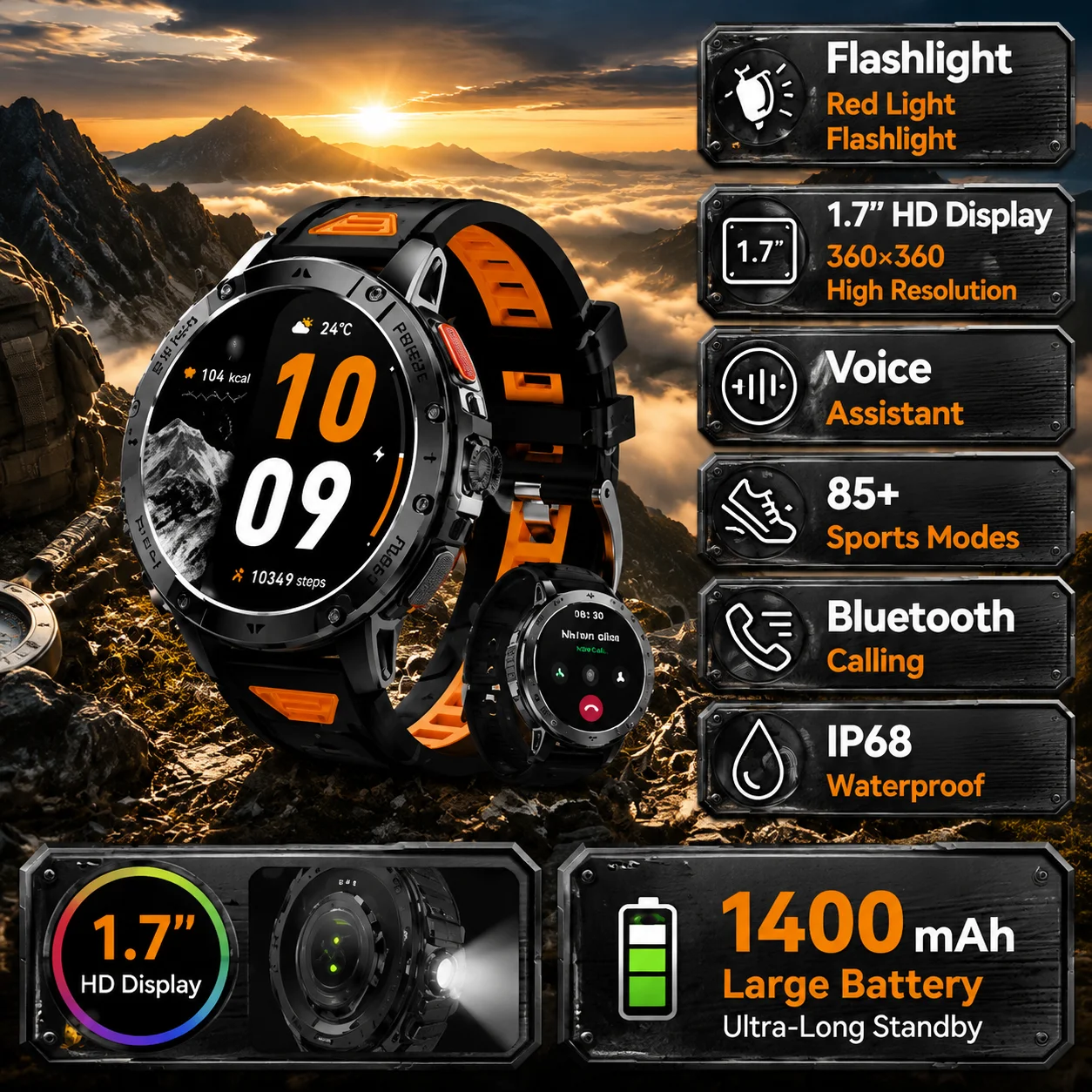 2026 Nouvelle Montre Connectée Militaire HX3918 Homme Écran HD 1,7 Pouce Batterie 1400mAh Bluetooth 5.2 Appels Fréquence Cardiaque SpO2 IP68 Étanche 100+ Modes Sportifs Montre Fitness Extérieur