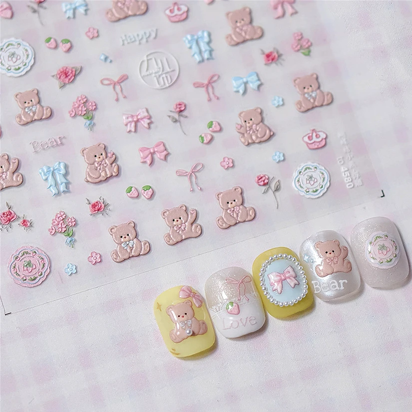 Charming Cherry's Cake Cute Bowknot Pink Blue Bear Flower Bouquet Strawberry Adhesive Nail Art Sticker Rhinestone Manicure Decal