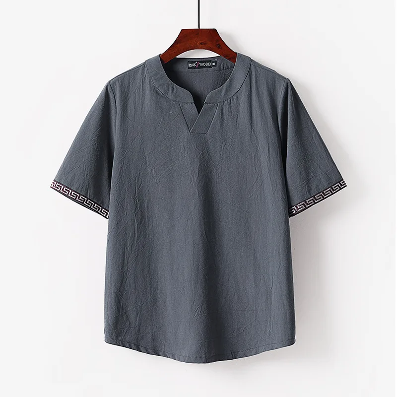 Spliced Cotton and Linen Short Sleeved Casual Breathable Men's Summer Thin Linen Stand Collar Pullover Large Design T-shirt