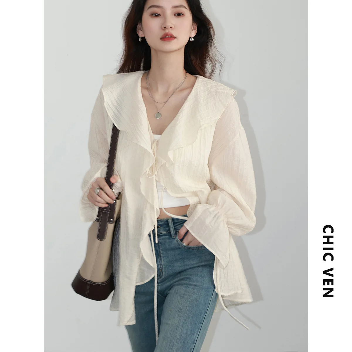 Women Shirt Loose Casual Ruffled Edges Female Blouses V Neck Lace Up Mid Length Woman Shirts Spring Summer 2026