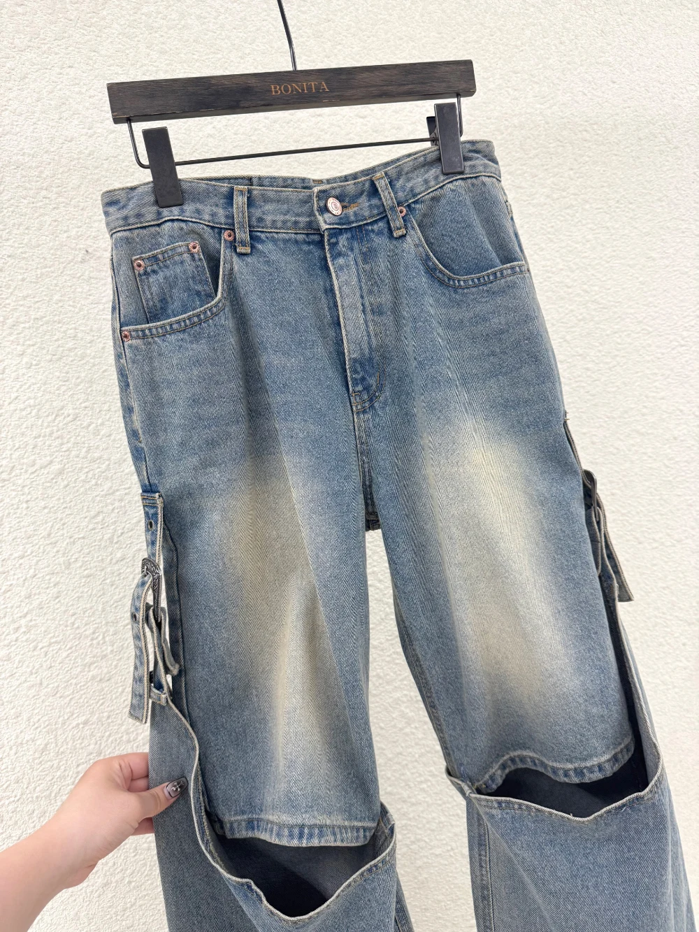 ผู้หญิงสีฟ้าที่ถอดออกได้สองสวมใส่ Workwear กางเกงยีนส์ Retro 2000s Y2k อเมริกัน Streetwear เอวสูงหลวมกางเกงยีนส์ขากว้าง 90s เสื้อผ้า