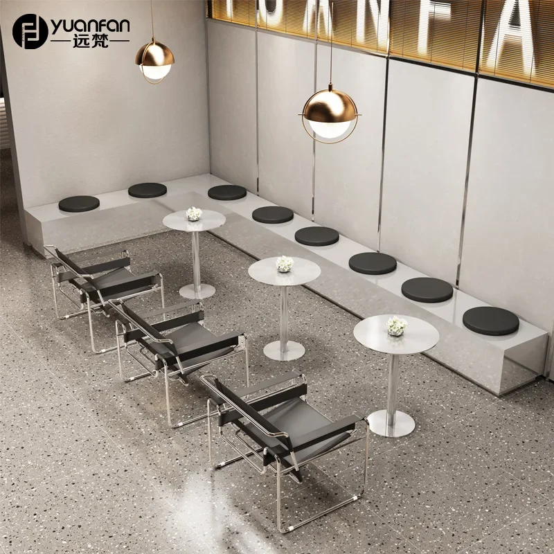 card seat sofa, industrial style café, dessert shop, bakery negotiation area, stainless steel tables and chairs