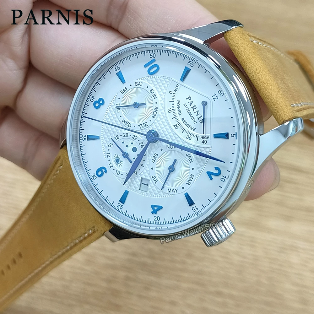 Parnis 43mm Sapphire Crystal Miyota9100 9120 Automatic Men's Watch Blue Marks Power Reserve Indicator