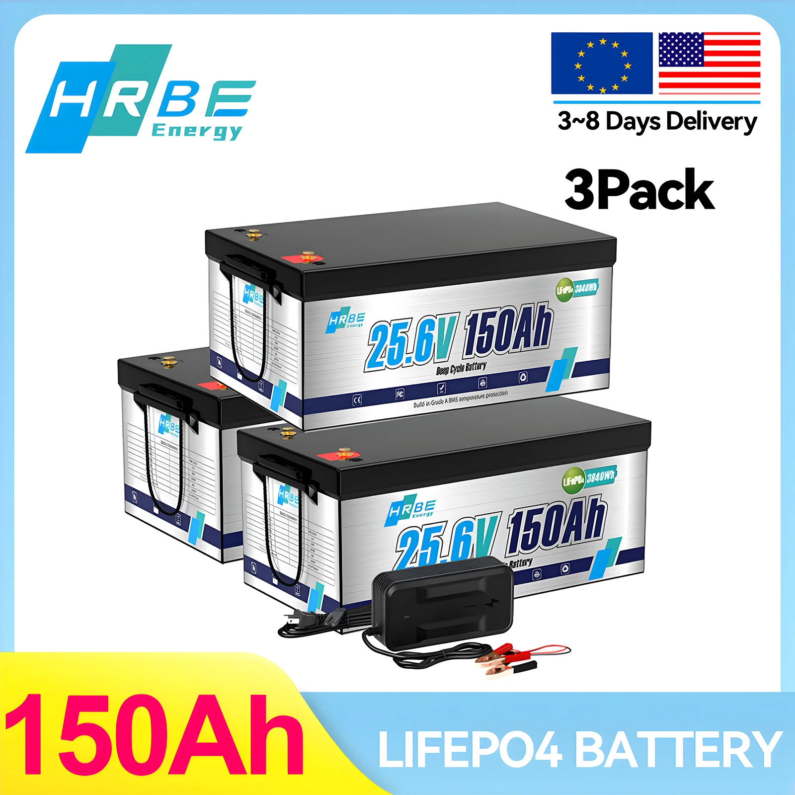 

HRBEEnergy 24V 150Ah LiFePO4 Lithium Battery,7000+ Deep Cycle,Max 3840W Power Output,for RV Marine Camping Off Grid Solar Panel