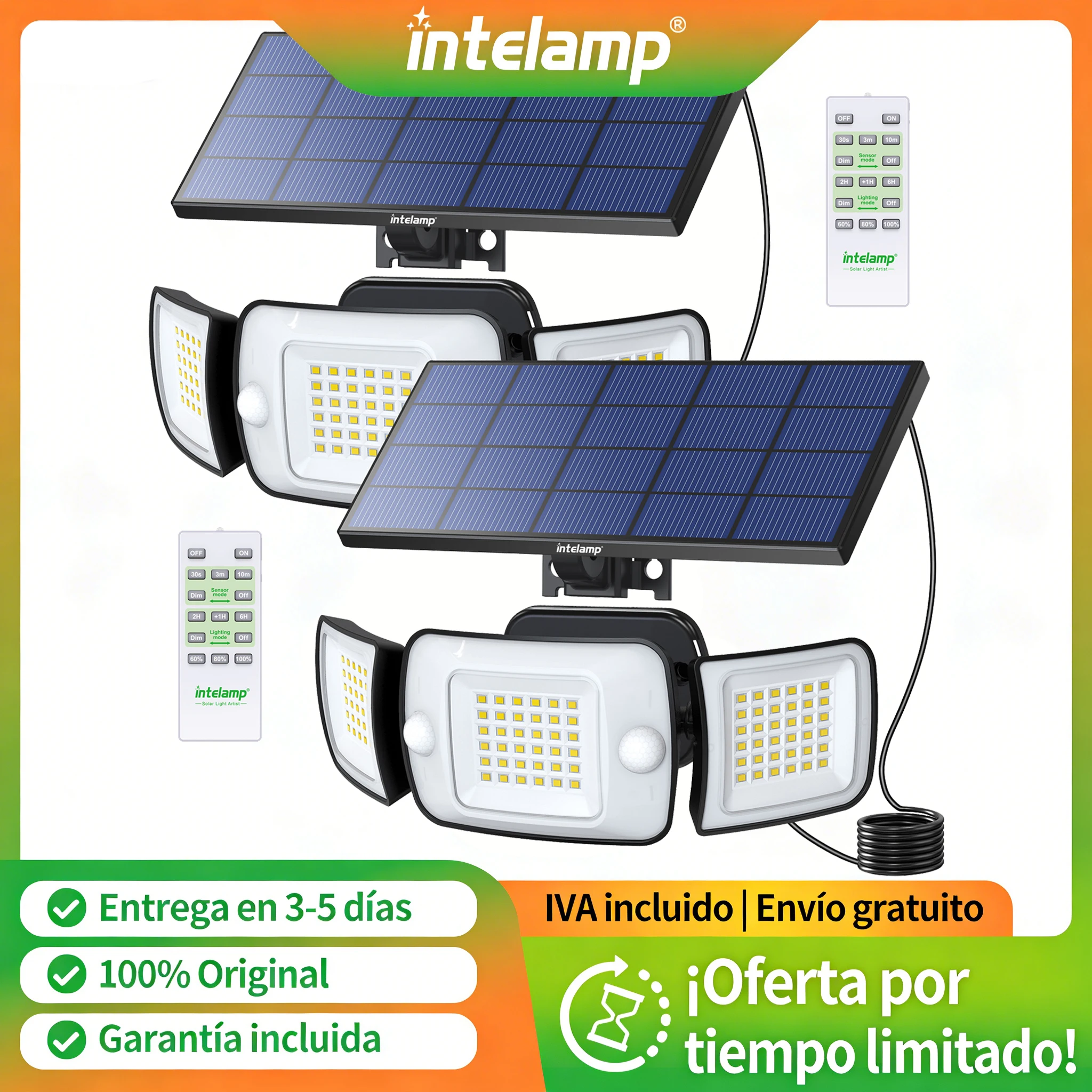 Intelamp-luces solares para exteriores, 6000Mah, foco con Panel Solar grande, 3 modos, dos sensores de movimiento, luz para jardín, patio, garaje
