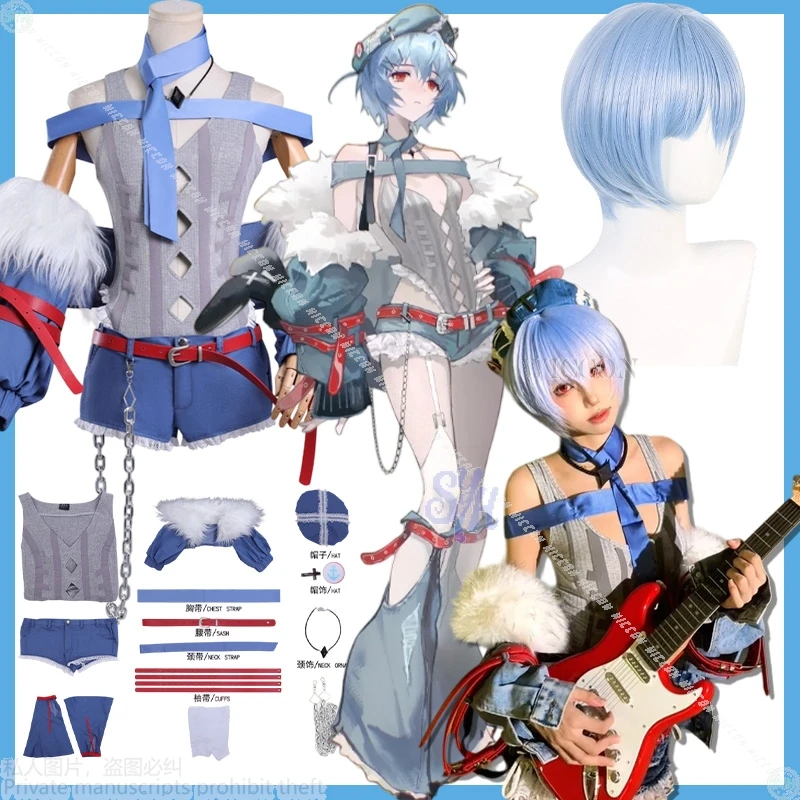 

Reiii японский Jirai Kei Y2K косплей PUNK Kawaii аниме костюм сексуальный выдолбленный жилет синие шорты шляпа для девочек Хэллоуин