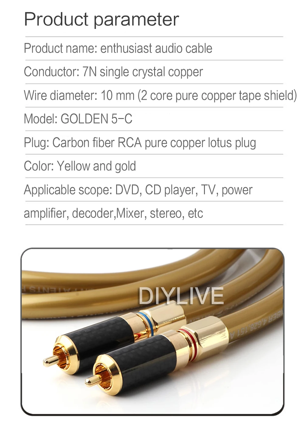 DIYLIVE 1 Paar Hochreines OFC-Kern RCA-Audiokabel 2RCA-Stecker mit Reinkupfer Vergoldeter Stecker für Verstärker - Meterware – Detail 2