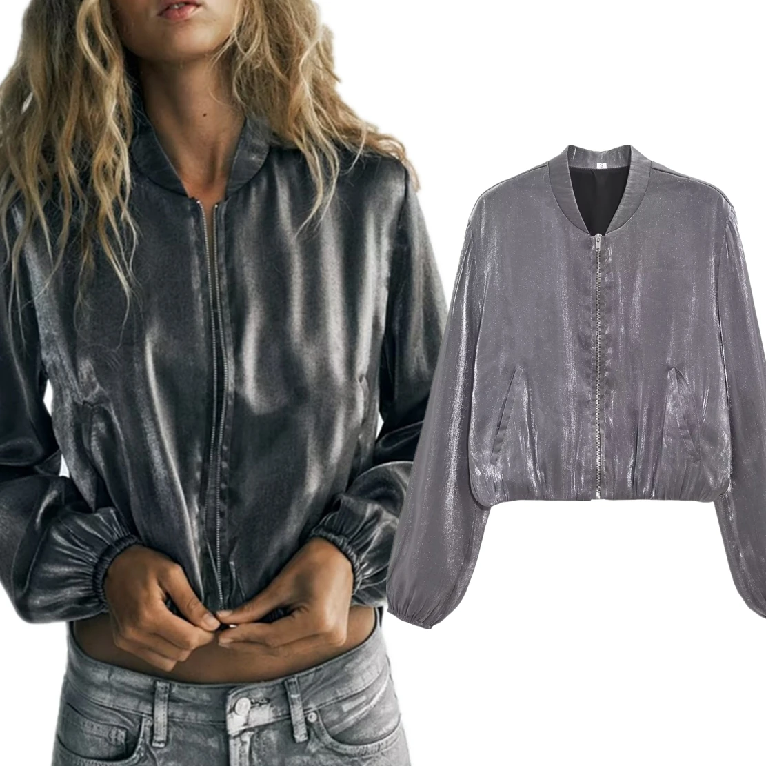 

Dave&Di Autumn British High Street Retro Metallic Zipper Bomber Silver Jacket For Women