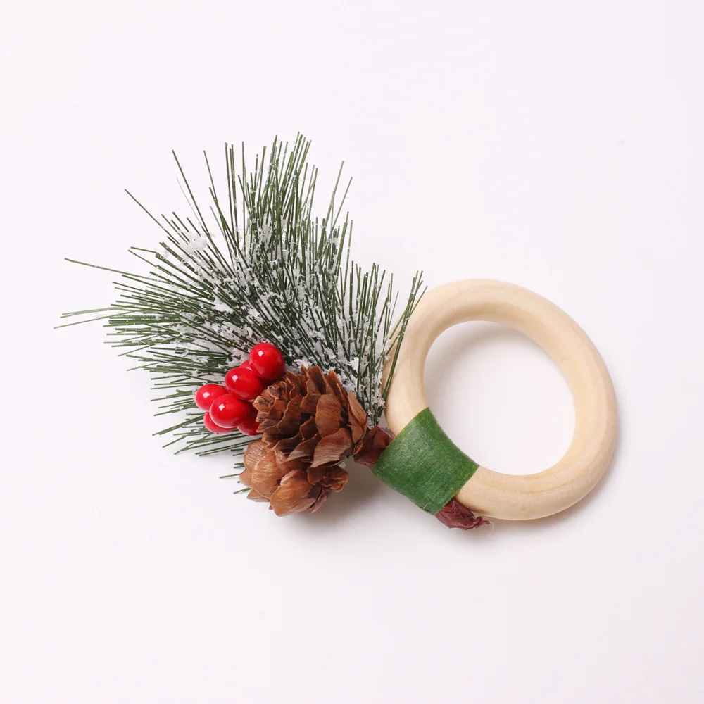 6PCS Christmas Table Decoration Pinecones for Napkin Rings Cedar Napkin Clasps Wooden Rings Red Fruit Bells for Napkin Circles.