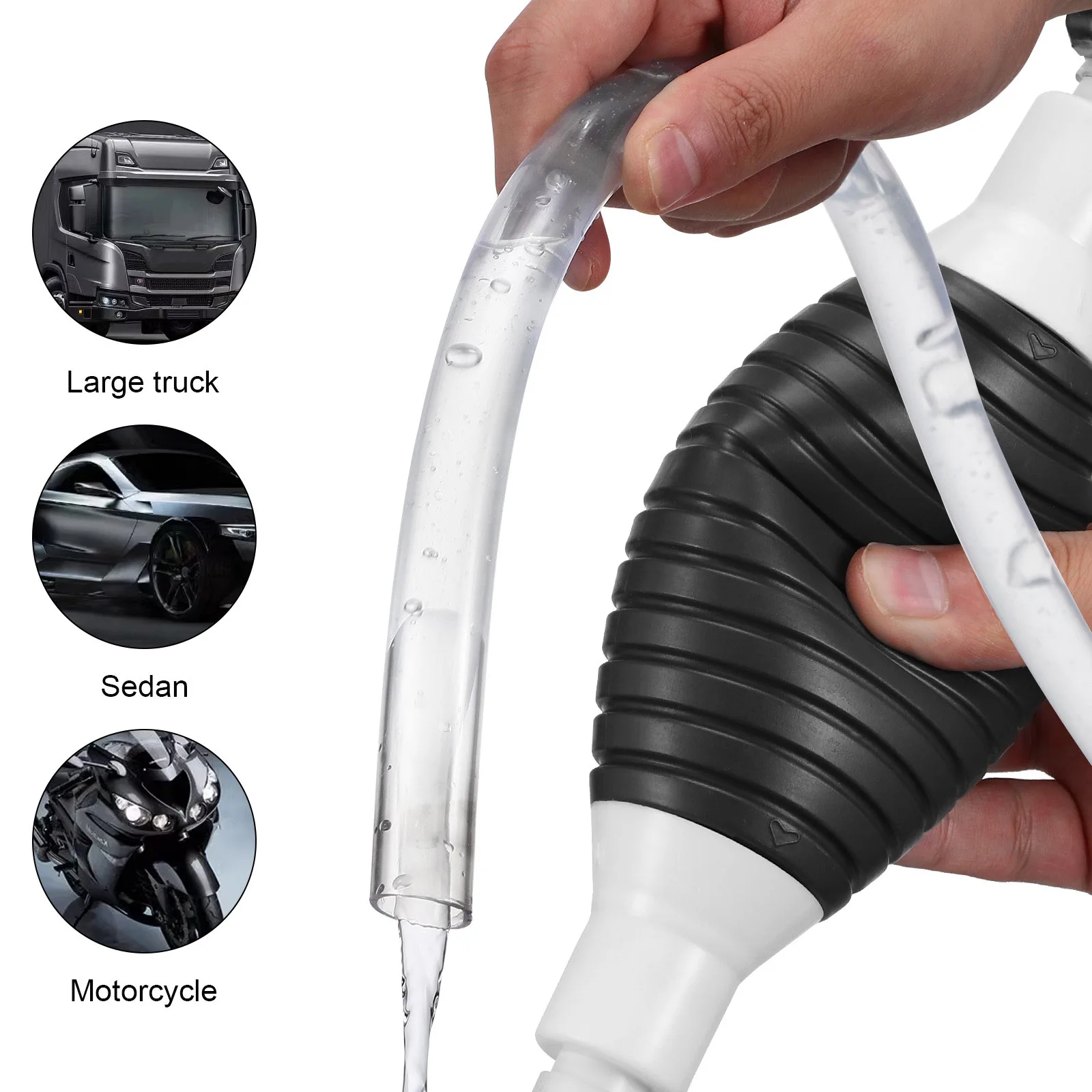 Ręczna pompa syfonowa do transferu paliwa, wody i oleju, wykonana z tworzywa sztucznego i stali nierdzewnej, wytrzymała.