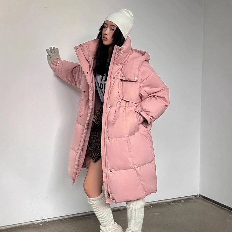 Winter Long Windbreak Hooded Down Jacket Women White Duck Down Knee Length Down Jackets Female Solid Thick Warm Parker Outwears