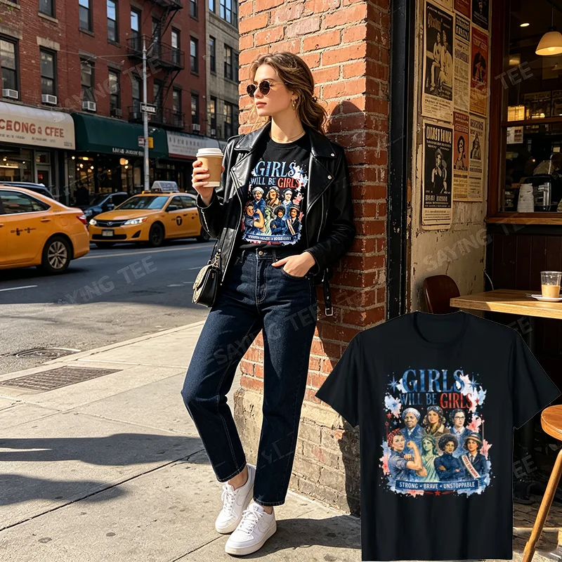 T-shirt Y2K en coton avec citation « Girls Will Be Girls » – Amusant, patriotique, féministe, pour l'empowerment des femmes