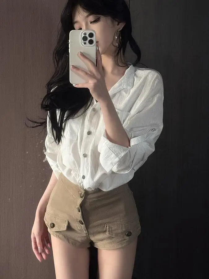 

Sexy White Loose Shirt High Waist Shorts Women's Fashion Set Simple Style V-Neck Long Sleeve Button up Casual Wear for Spring...