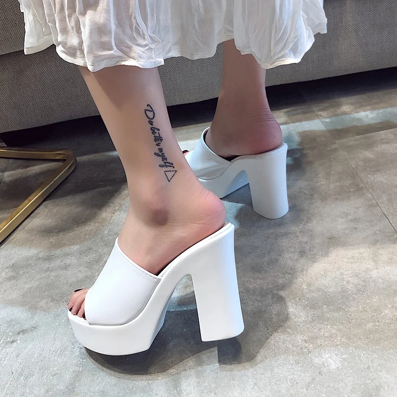 Aphixta 2024 Summer 7cm Chunky Heels Slides Women Mules White Design Platform Slippers Sandal Cool Peep Toe Shoes Female