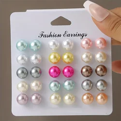 15 Pairs Elegant Colored Imitation Pearl Stud Earrings Korean Charm Ball Bead Earrings Women's High-end Banquet Jewelry Gifts