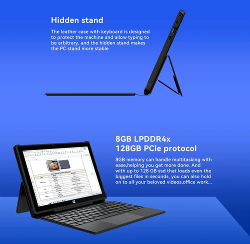 Imagen 2 del producto Tablet PC 2 en 1 con Windows, pantalla de 10.1 pulgadas, Intel Celeron J4125, 8 GB de RAM, 128 GB SSD, 1280x800 IPS, sistema operativo Windows 11, para negocios y oficina.
