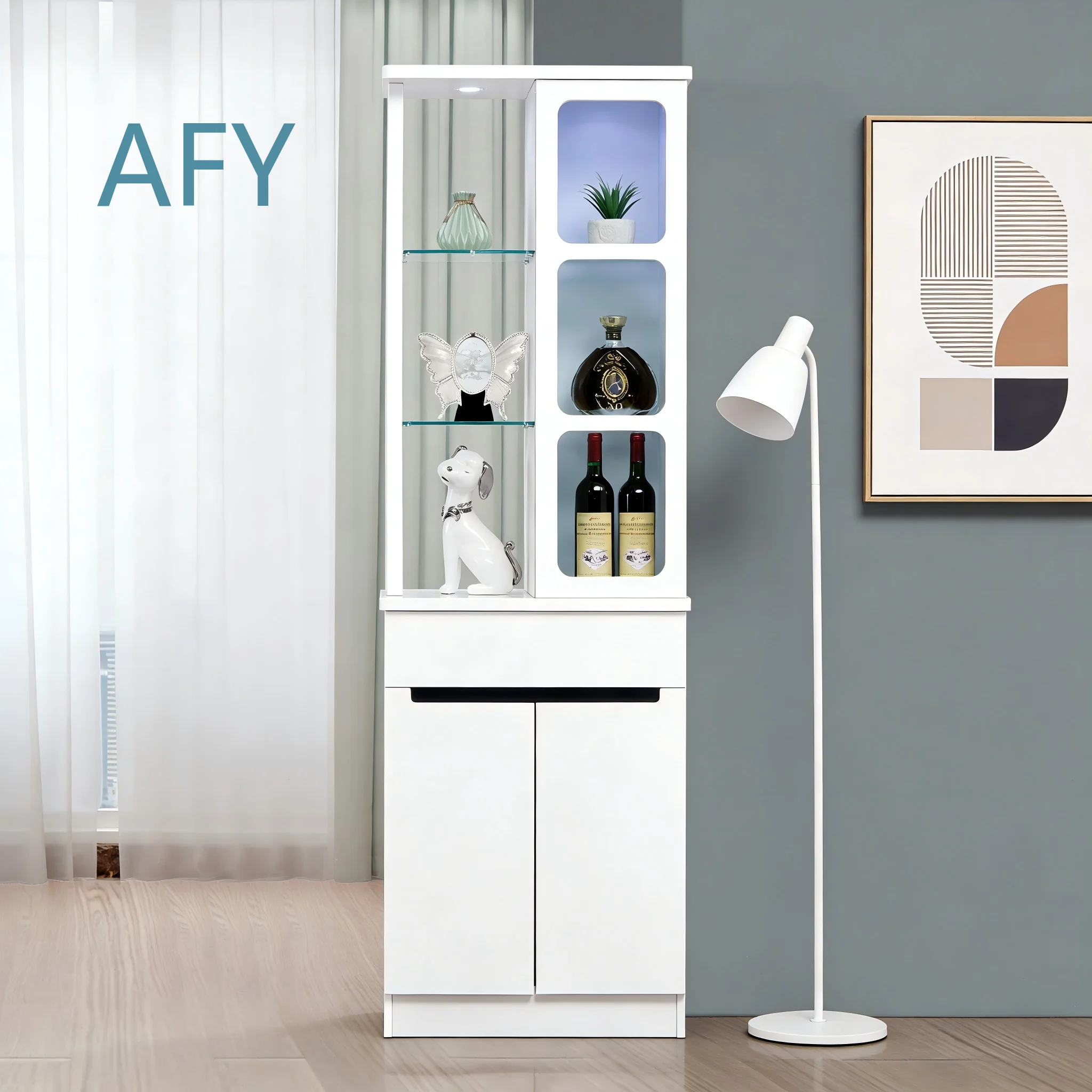 Pure White Minimalist Lit Wine Cabinet for Modern Home Decor Wine Rack for Contemporary Living Room Kitchen Bar Storage