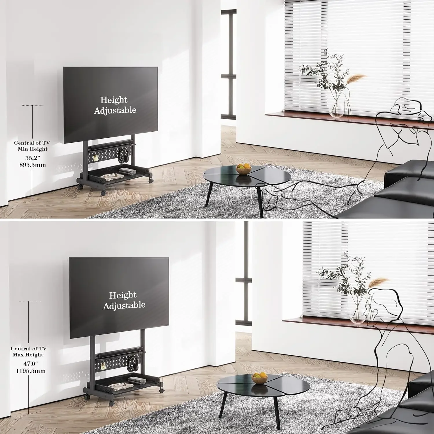 Rolling TV Stand - Portable Floor TV Stand Mount on Wheels for 40-85 Inch TV, Mobile TV Stand Cart with Wooden Shelf for Living