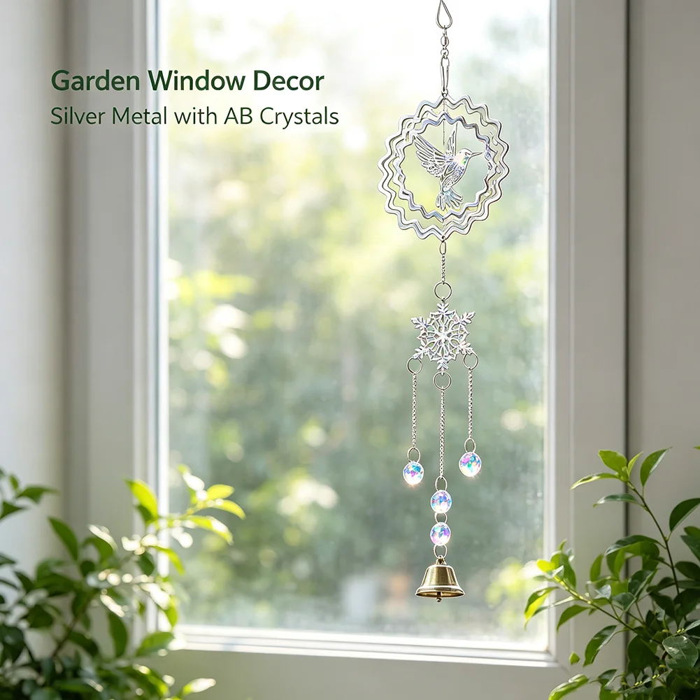Metall-Kolibri-Schneeflocken-Windspiel, AB-Kristallprisma, Sonnenfänger-Glockenanhänger für Innen- und Außenbereich, Fenster, Garten, Heimdekoration, Geschenk – Detail 1