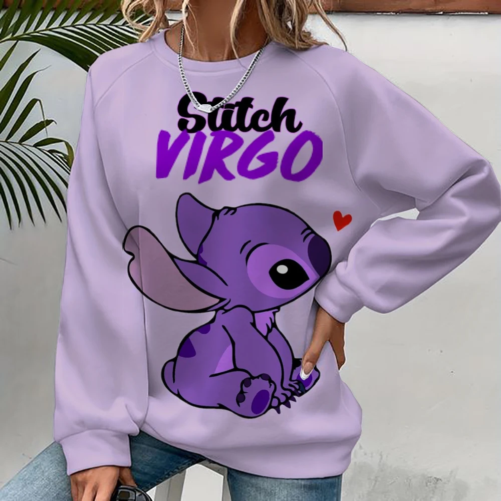 Autumn Fun Print Long Sleeve Top 2024 New Cartoon Disney Cute Lilo & Stitch Ladies Sweatshirt Crew Neck Loose Pullover