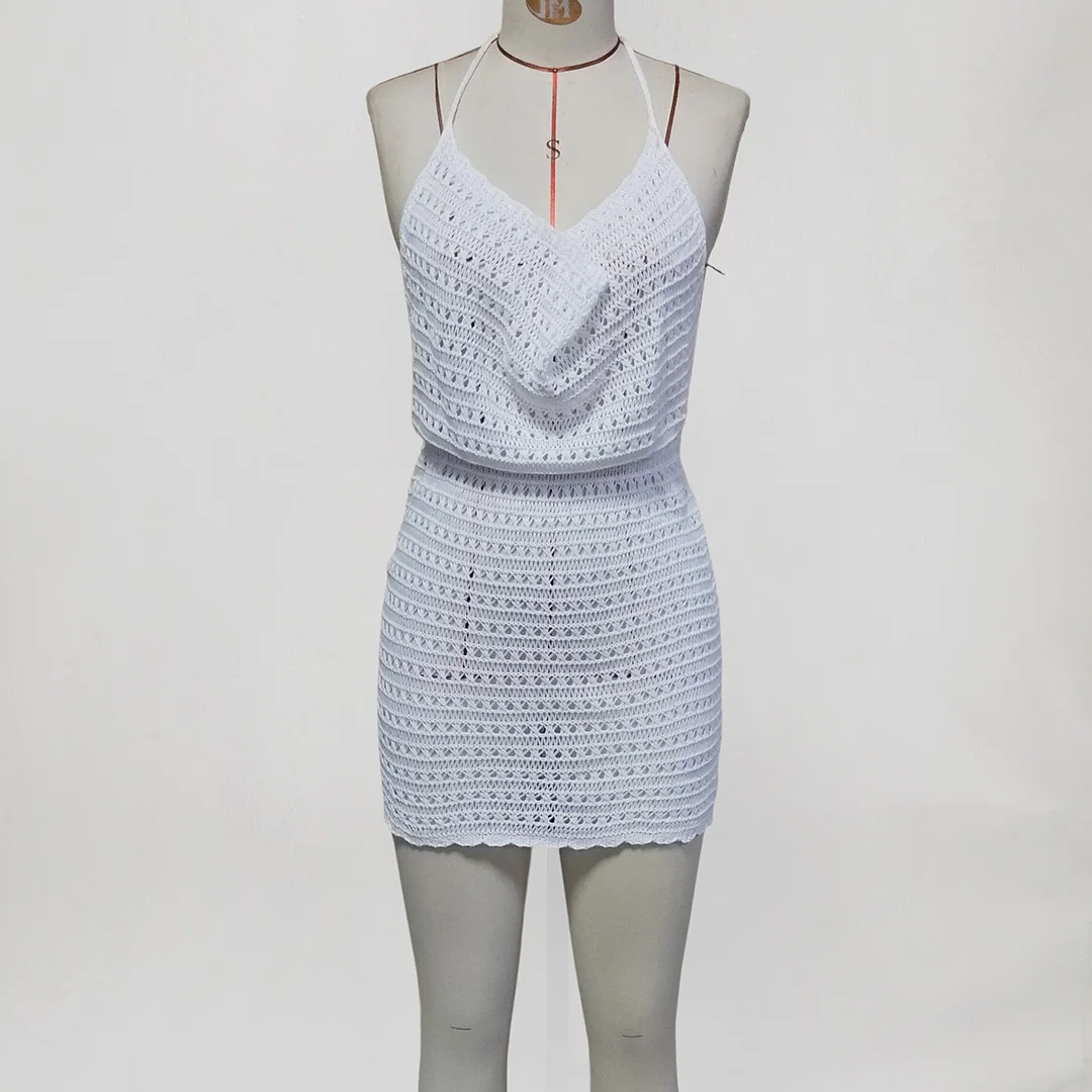 V-Ausschnitt, ausgeschnittenes Design, trägerloses, rückenfreies, gehäkeltes, gestricktes Tunika-Strandkleid, Strandmode, Damen-Strandkleid, Strandüberwurf, V7000 – Detail 8