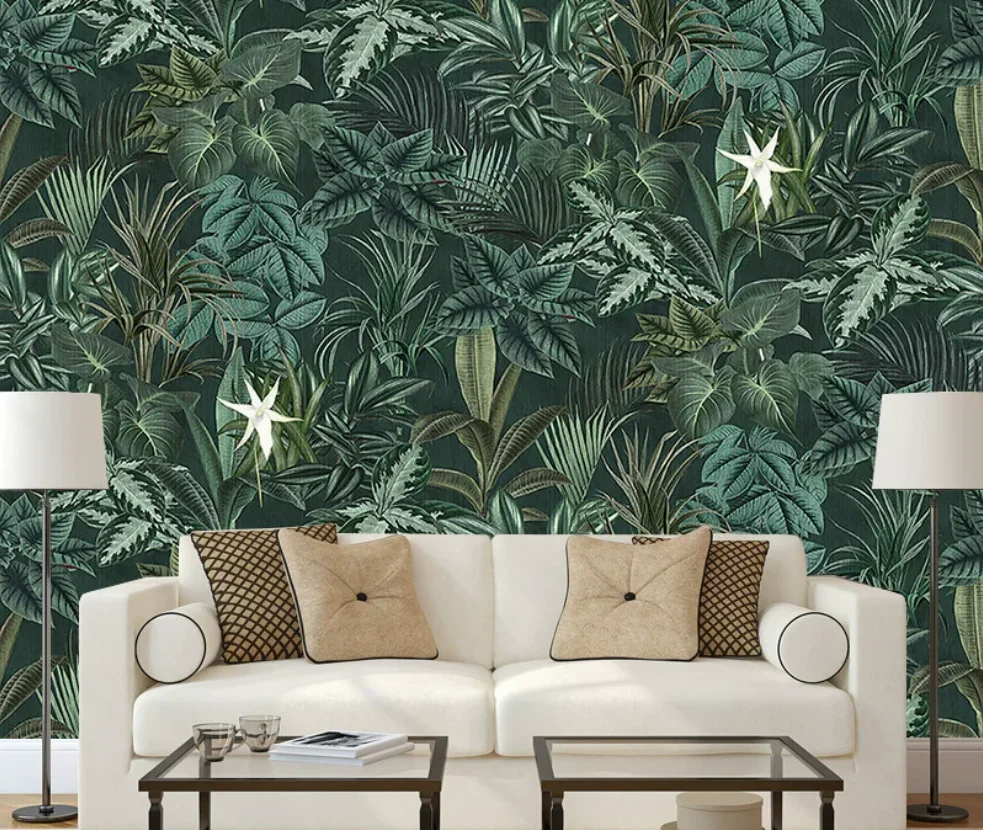 Customized green tropical rainforest plant mural living room dining room homestay bedroom background wallpaper