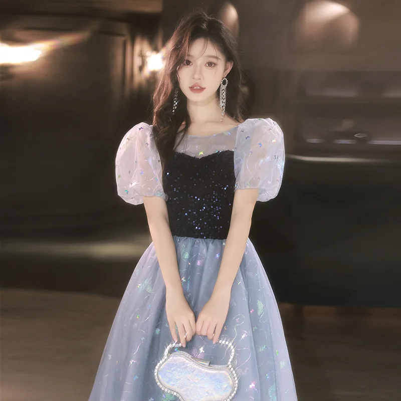 Bling azul vestido de noite brilhante borboleta lantejoulas mangas puff vestido de princesa doce contraste cor vestidos quinceanera 2025