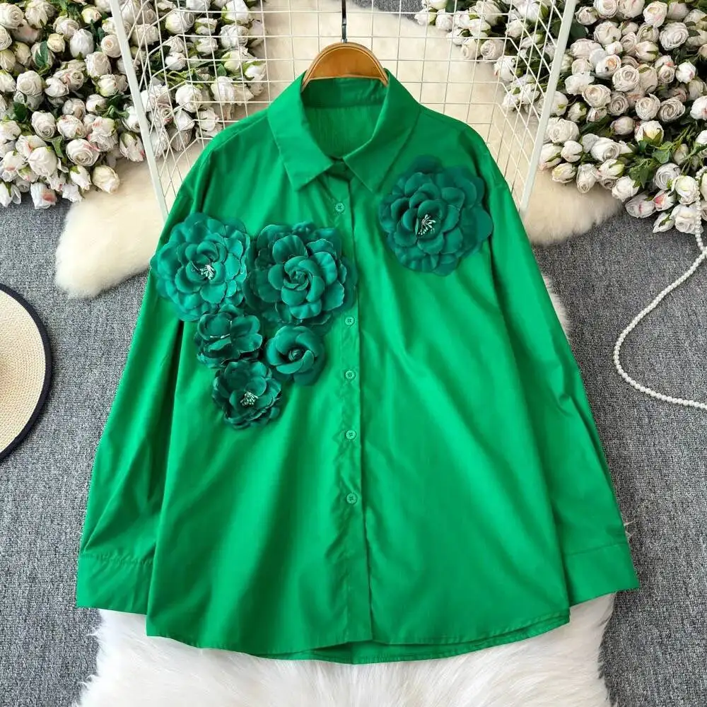 

Корейская блузка с тяжелым цветком в стиле меньшинств, свободная универсальная повседневная офисная женская мягкая рубашка средней длины, новый изысканный уличный топ