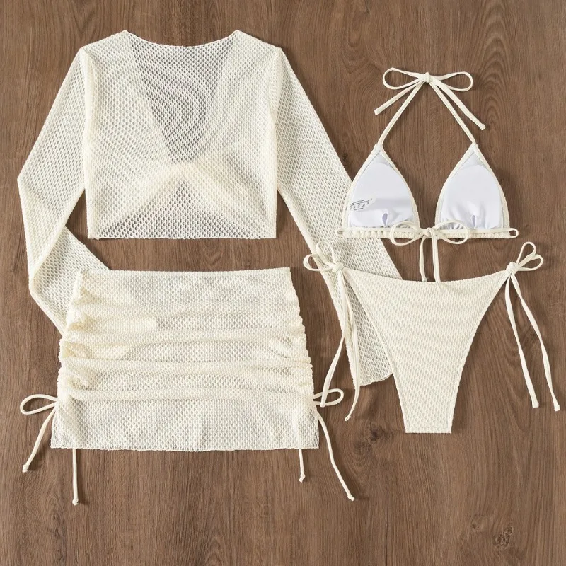 Sexy Mesh 4 Piece Bikini Set 2025 New Women Long Sleeve Cover Up With Skirt Swimsuit Beach Bathing Suit Holiday Thong Swimwear