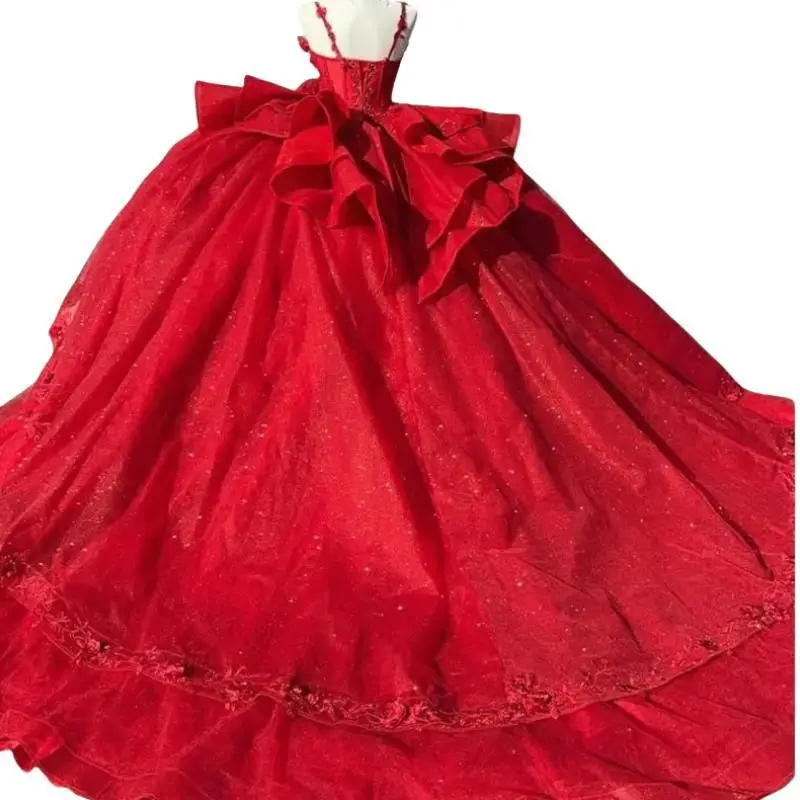 Dostosowana błyszcząca czerwona sukienka na studniówkę suknia balowa Spaghetti pasek koronkowa aplikacja damska sukienka na przyjęcie urodzinowe Vestido De 15 16 Quinceanera