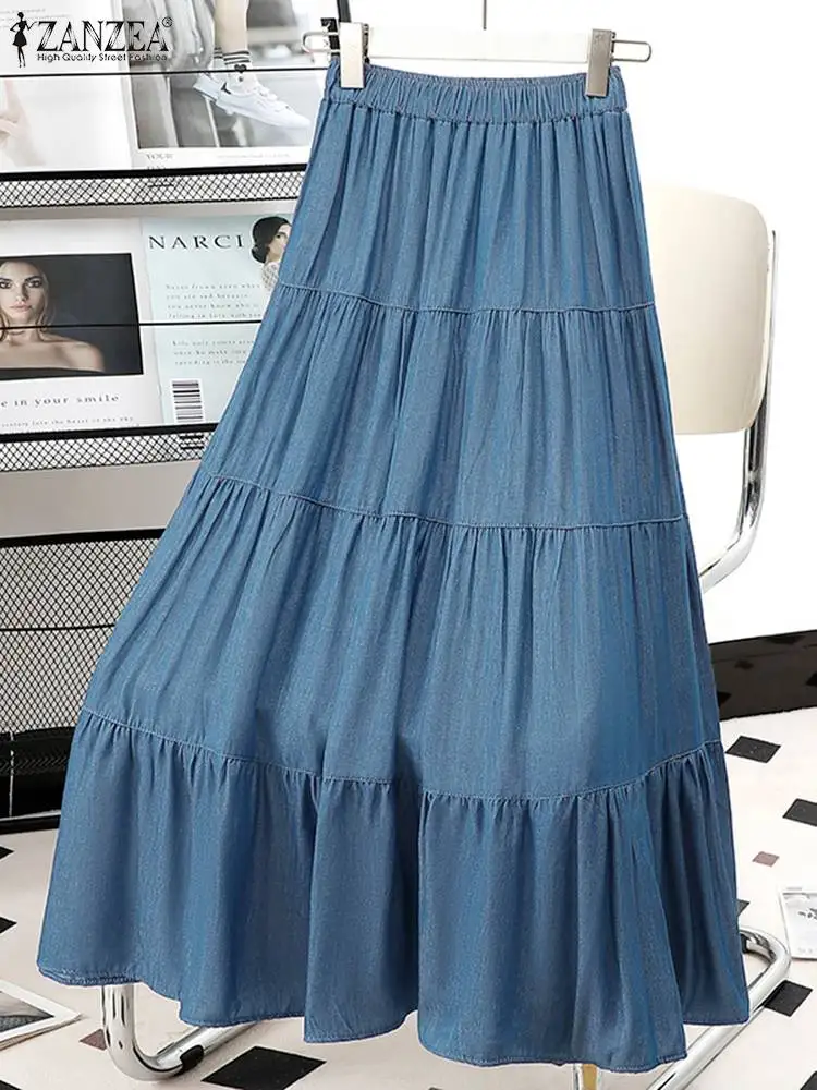 Autumn Maxi Long Skirts ZANZEA 2024 Fashion Women Elastic Waist Solid Ruffles Skirt Casual Loose A-line Party Faldas Saia Jupe