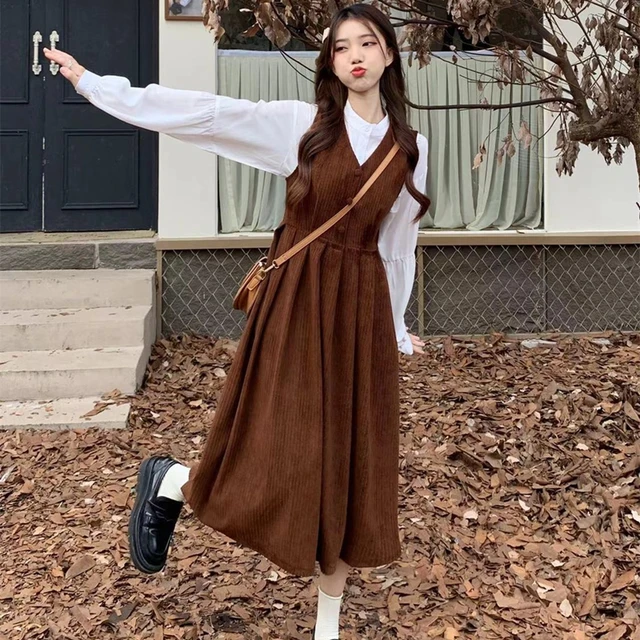 2023 Spring Preppy Style Shirt Tank Dress Two Piece Set Korean Women Fashion Corduroy Dresses White Blouse Outfits Lady suit AliExpress