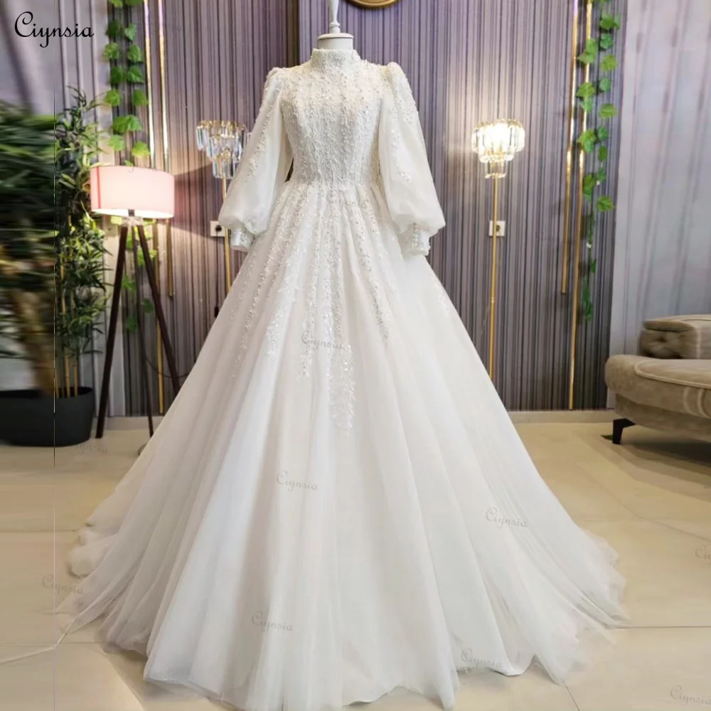 Ciynsia-Robe de mariée princesse A-ligne à manches longues pour mariée, robes de luxe avec perles en dentelle, Dubaï musulman, patients, 2024