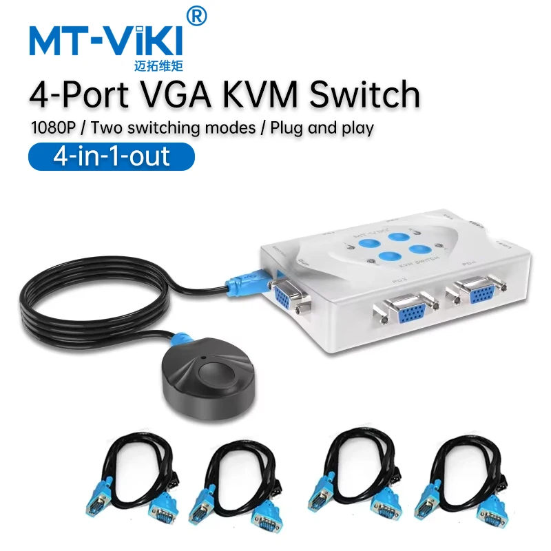 MT-Viki Smart Kvm Switch VGA Selector 4 Port Hotkey السلكية تحكم عن بعد حدد المسح التلقائي 1920x1440 إرسال الكابلات MT-401KL