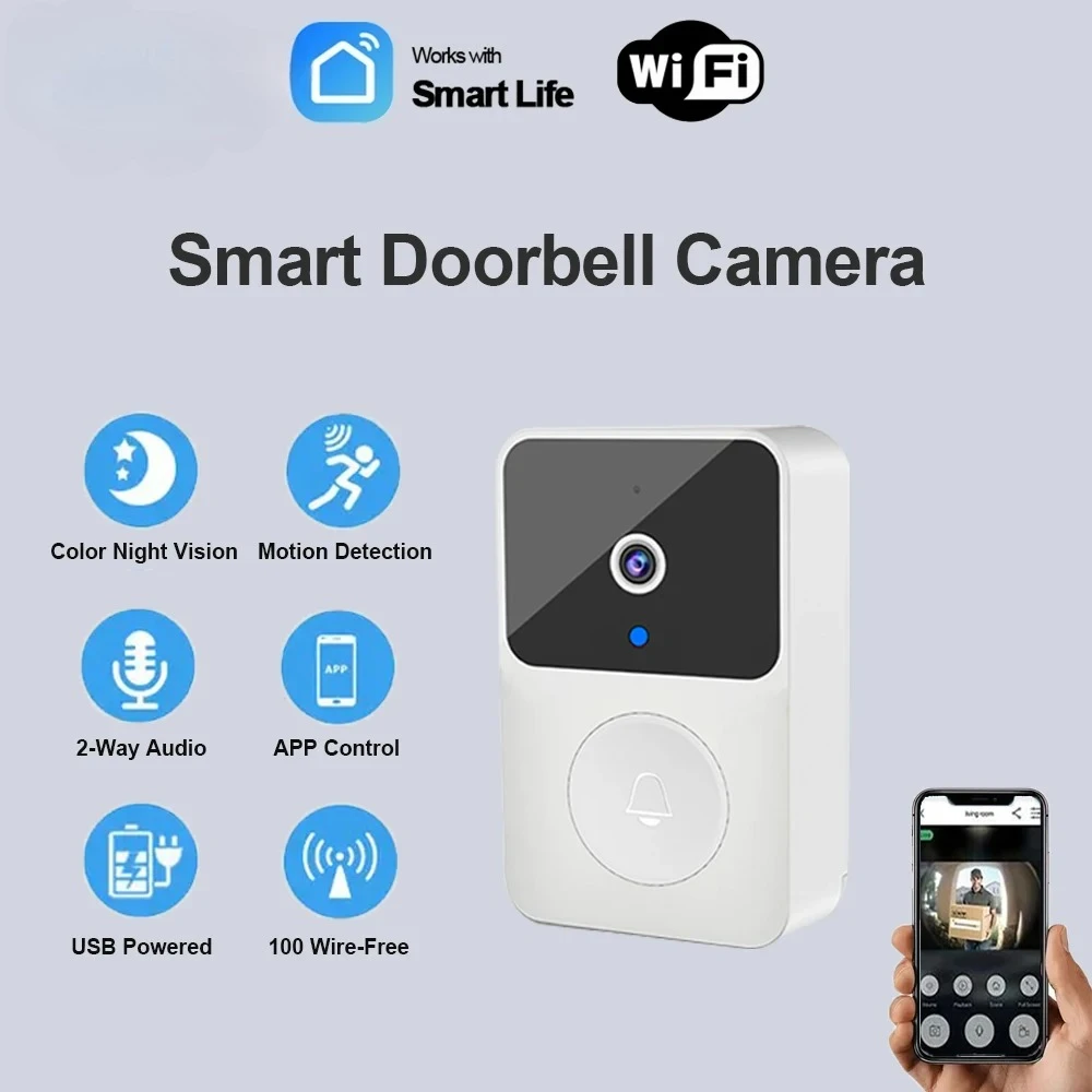 

Видеодомофон с Wi-Fi и ночным видением, умный дверной звонок с дистанционным управлением и функцией интеллектуальной связи, перезаряжаемый через USB, видеодомофон для домашней безопасности