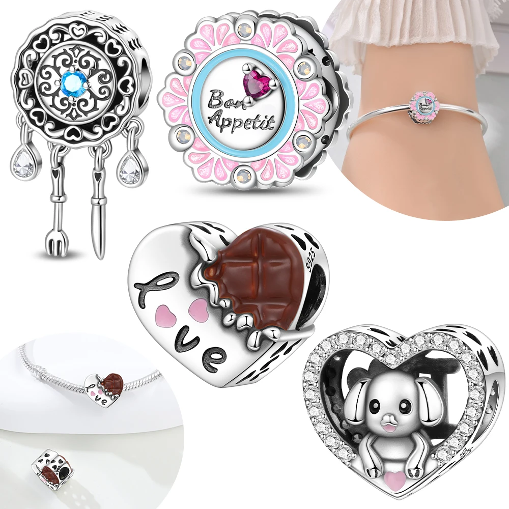 Dinner Plate Fork Knife Pink Dinner Plate Heart Puppy Original 925 Silver Bead Fit Bracelet Jewelry Acessory Women Diy Fine Gift