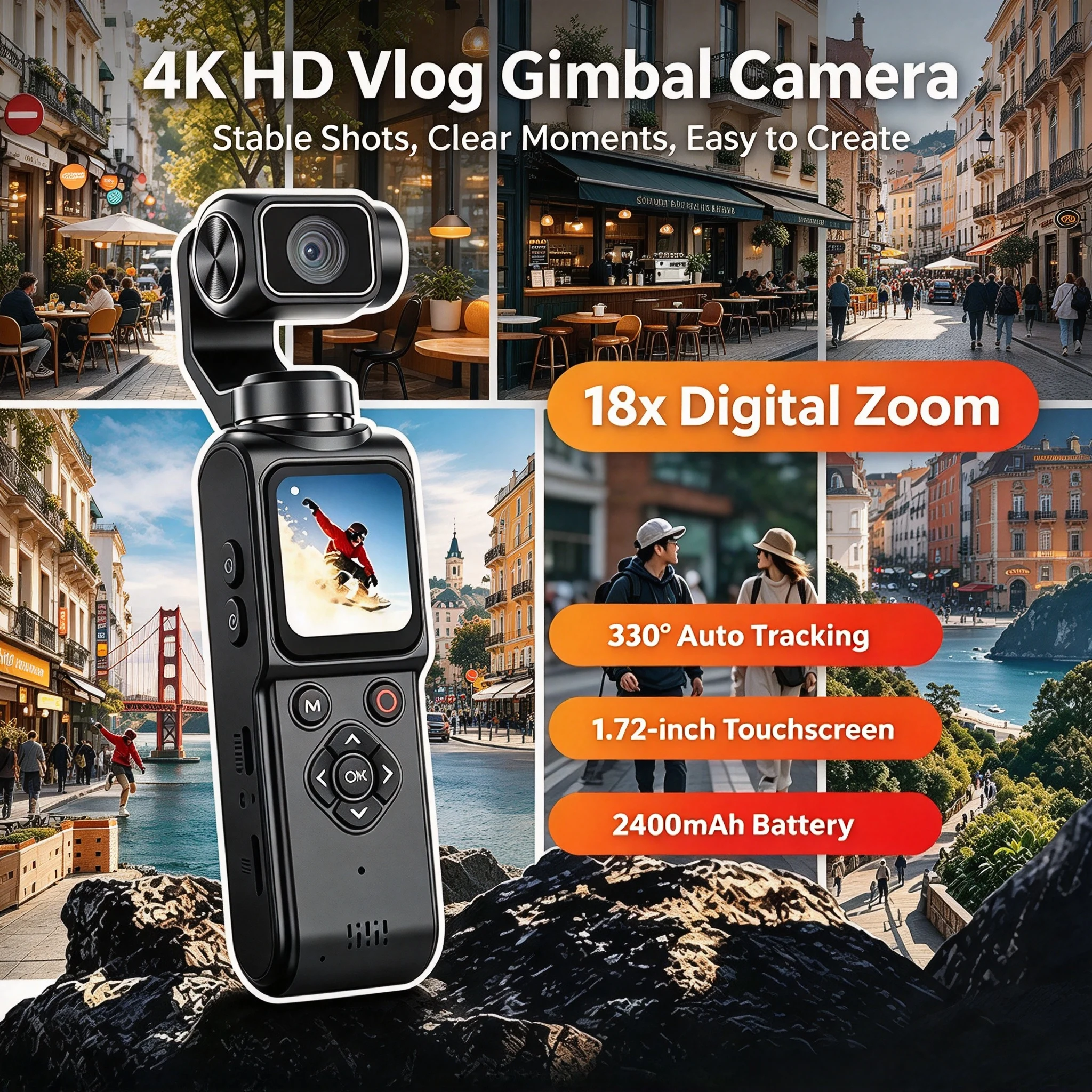 4K Pocket Gimbal Camera 75MP Auto Tracking 330° Rotation Handheld Stabilizer 1.7'' Touchscreen Vlogging Camcorder