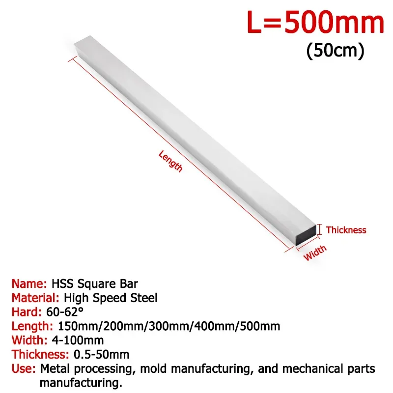 

L=500mm High Speed Steel Turning Tools Width 8-100mm CNC Lathe Turning Tool HSS White Steel Square Cutting Bar Thick 3-20mm