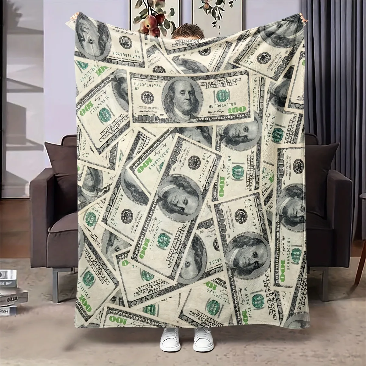Cobertor de flanela luxuoso com estampa de dólar americano para todas as estações, cobertores macios e quentes para sofá cama e decoração de casa, presente engraçado de dinheiro