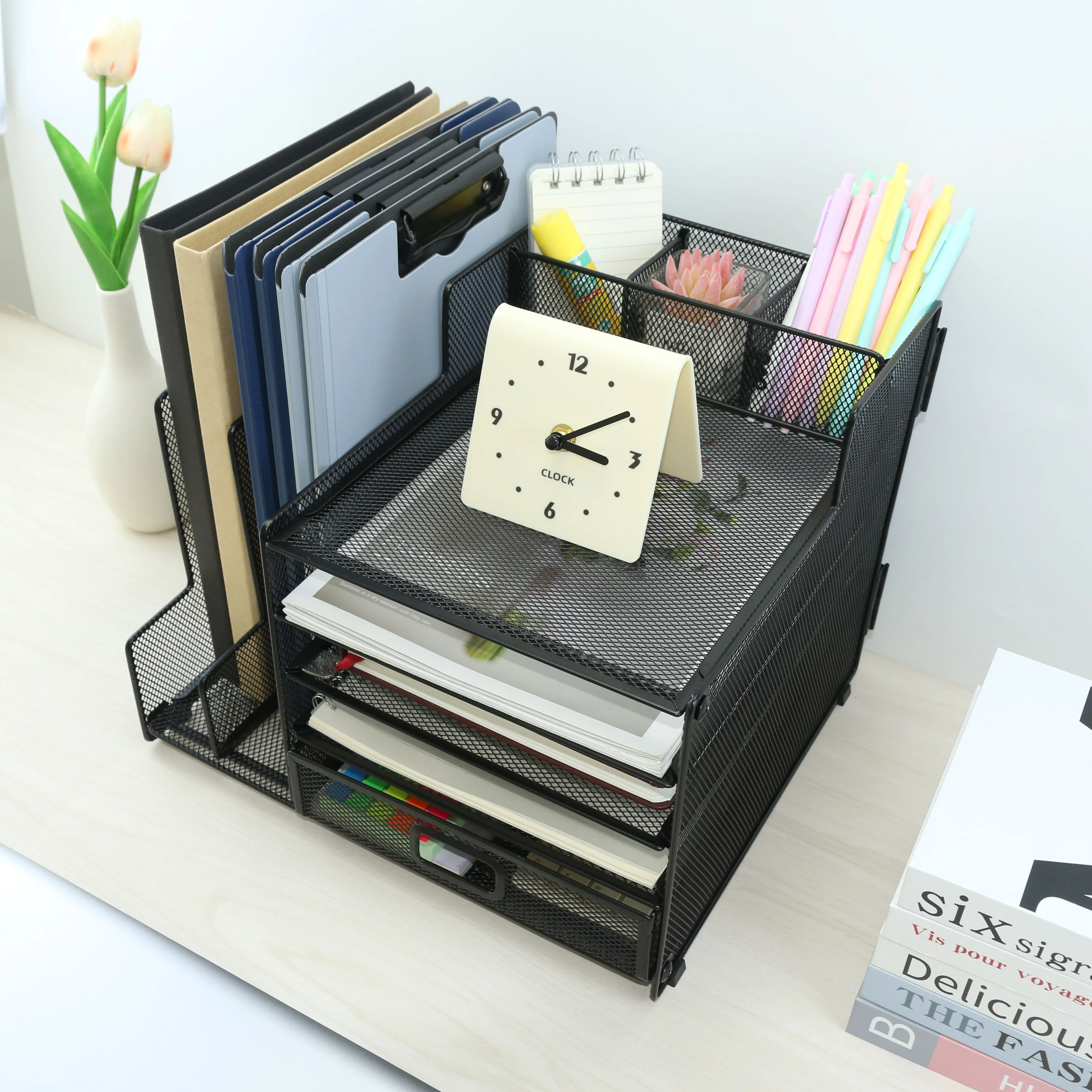 

Desk Organizer with File Holder, 5-Tier Paper Letter Tray Organizer with Drawer and Pen Holder