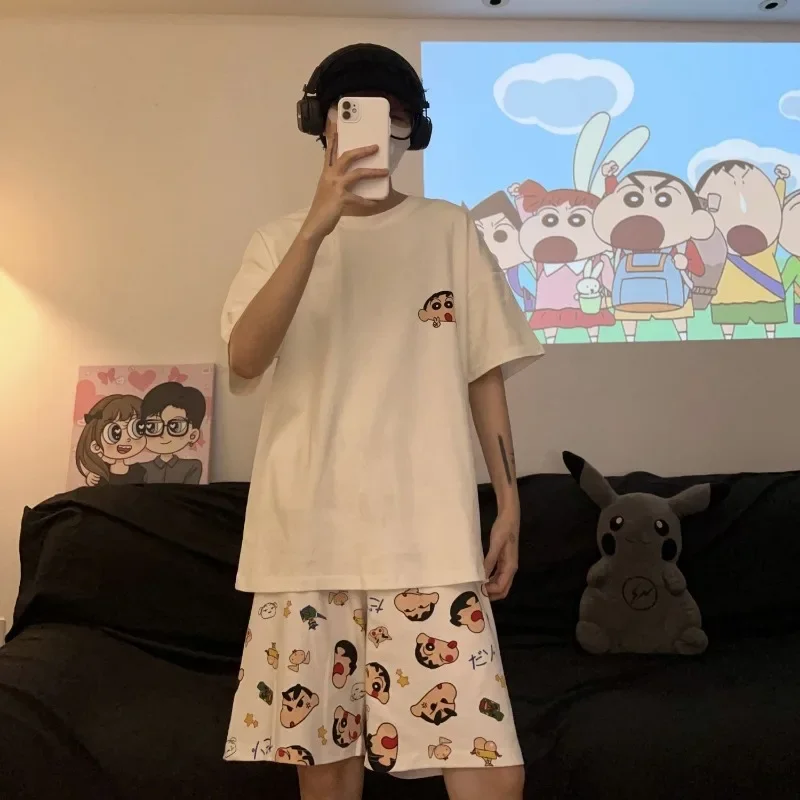 Anime novo crayon shin chan casal pijamas de algodão manga curta calças compridas bonito dos desenhos animados roupas para casa conjunto de três peças presente de aniversário