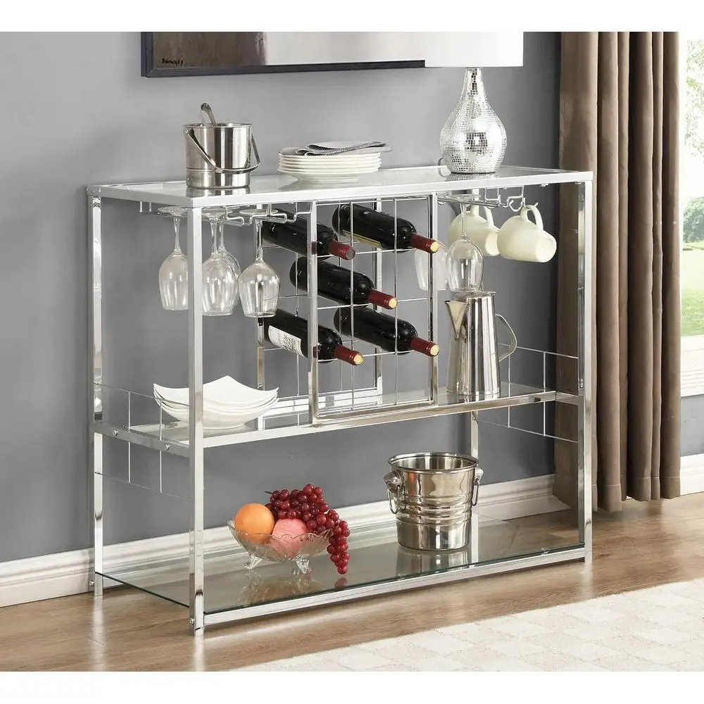 Wine Rack Table with Glass Holder, 3-Tier with Temered Glass Shelves, ern Liquor Cabinet with Storage or Wine Bar, Living Room,