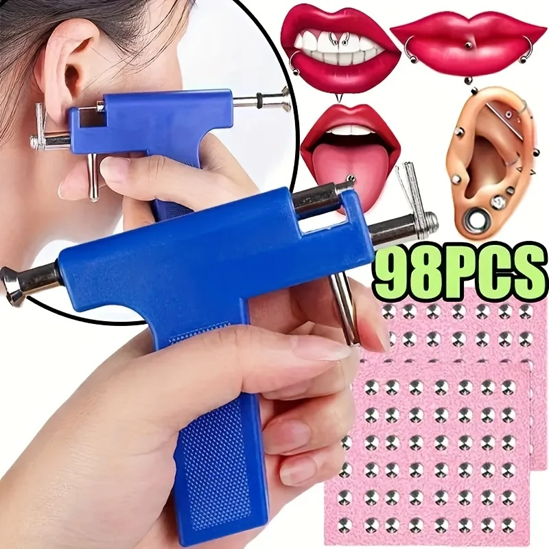 

1Pcs Professional Safety Blue Black High Quality Ear Piercing Gun Tool Set 98pcs Ear Studs Steel Kit Ear Nose Navel Pierce Tool