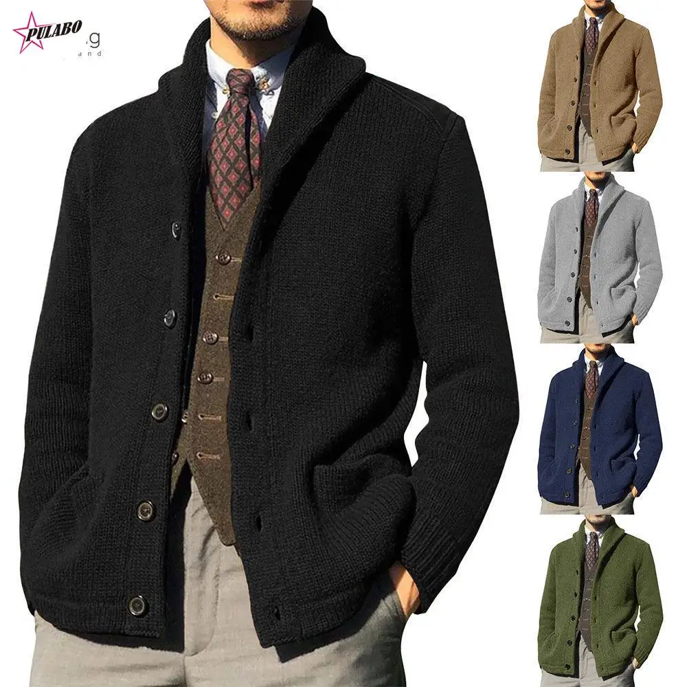 

PULABO Men's Sweater Cardigan Knitted Single Breasted Button Winter Stand Collar Cardigan Men Jackets Male British Style Sweater