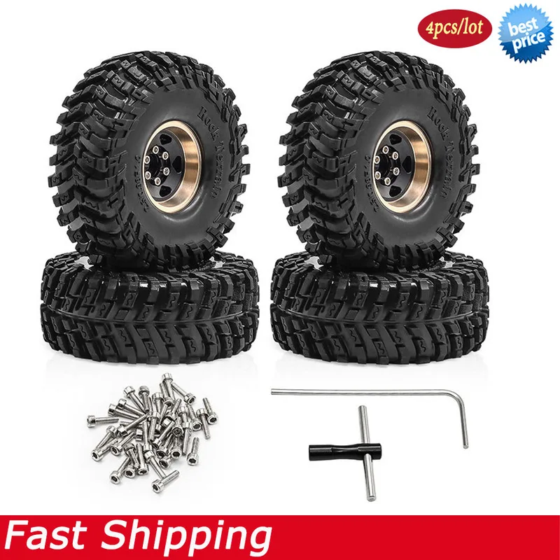 4Pcs 1.0 inch RC Cralwer Beadlock Wheel and Tires for 1/18 TRX4M SCX24 FMS Ascent-18 Axial SCX24 AX24 FCX24 Upgrade Parts