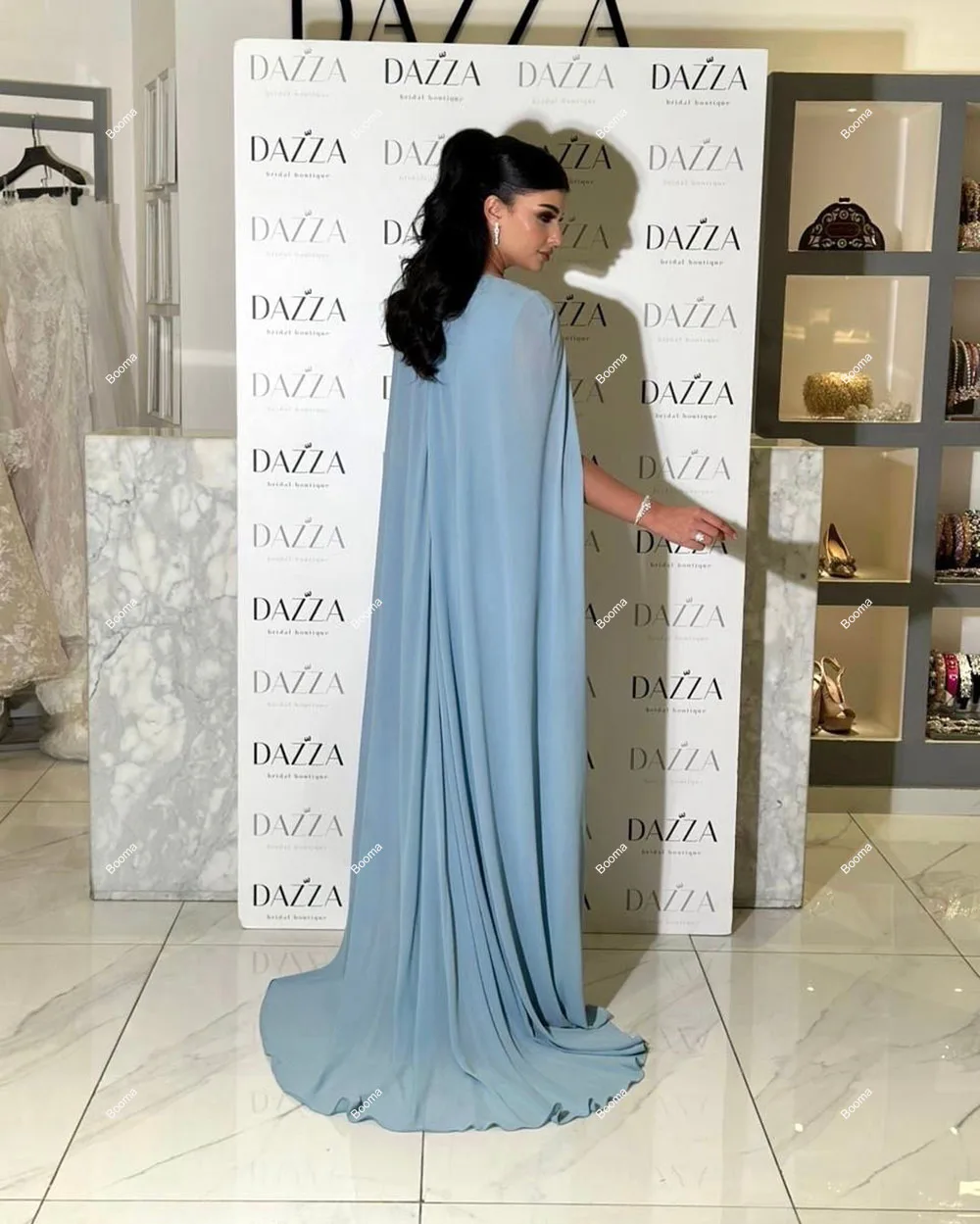 Booma Light Blue Generous Straight Evening Dresses for Women Cape Formal Occasion Gowns Saudi Arabic Party Prom Dresses Dubai