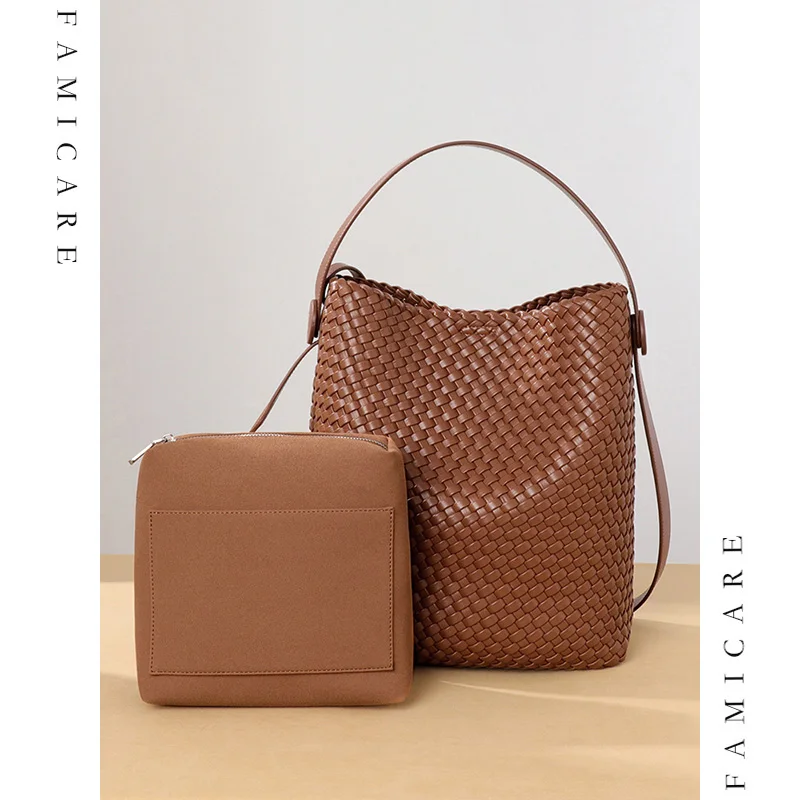 

Женская тканая сумка-ведро, модная сумка через плечо из искусственной веганской кожи, минималистичная вязаная ручная сумка-мессенджер