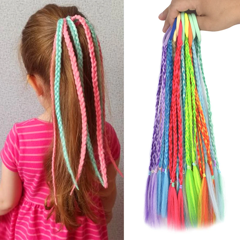 

Colored Braids Hair Extensions with Rubber Bands Rainbow Hair Accessories for Women Kids Girls Party Highlights Cosplay Dress